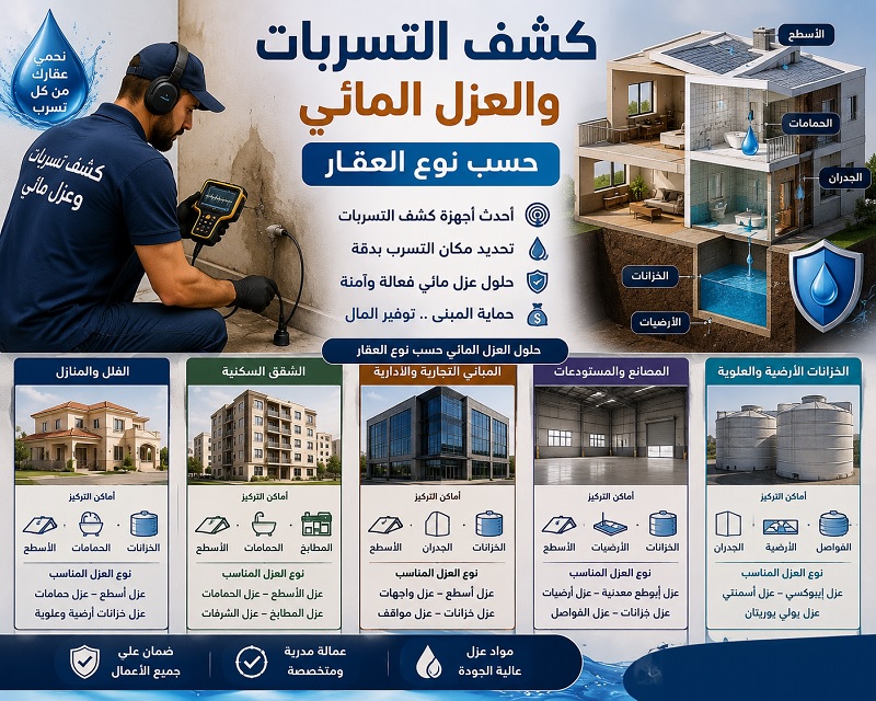 كشف التسربات والعزل المائي حسب نوع العقار